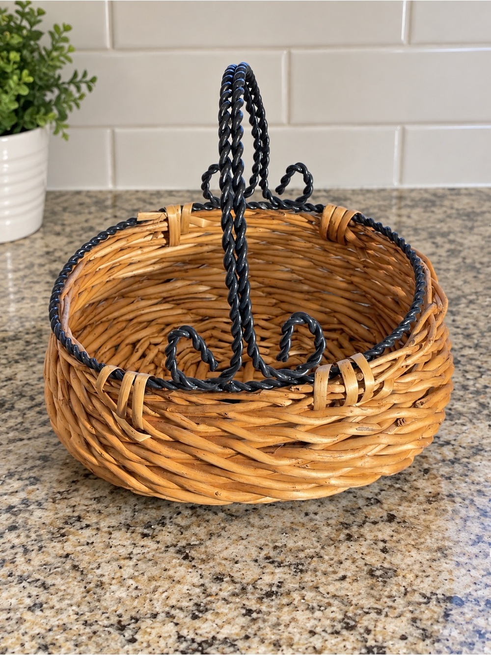 Wicker Basket Black Twisted Metal Handle Rustic Farmhouse Decor